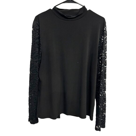 Tahari Black Long Sleeve Top Sheer Lace Sleeves Mock Neck Womens Size XL - Picture 1 of 10